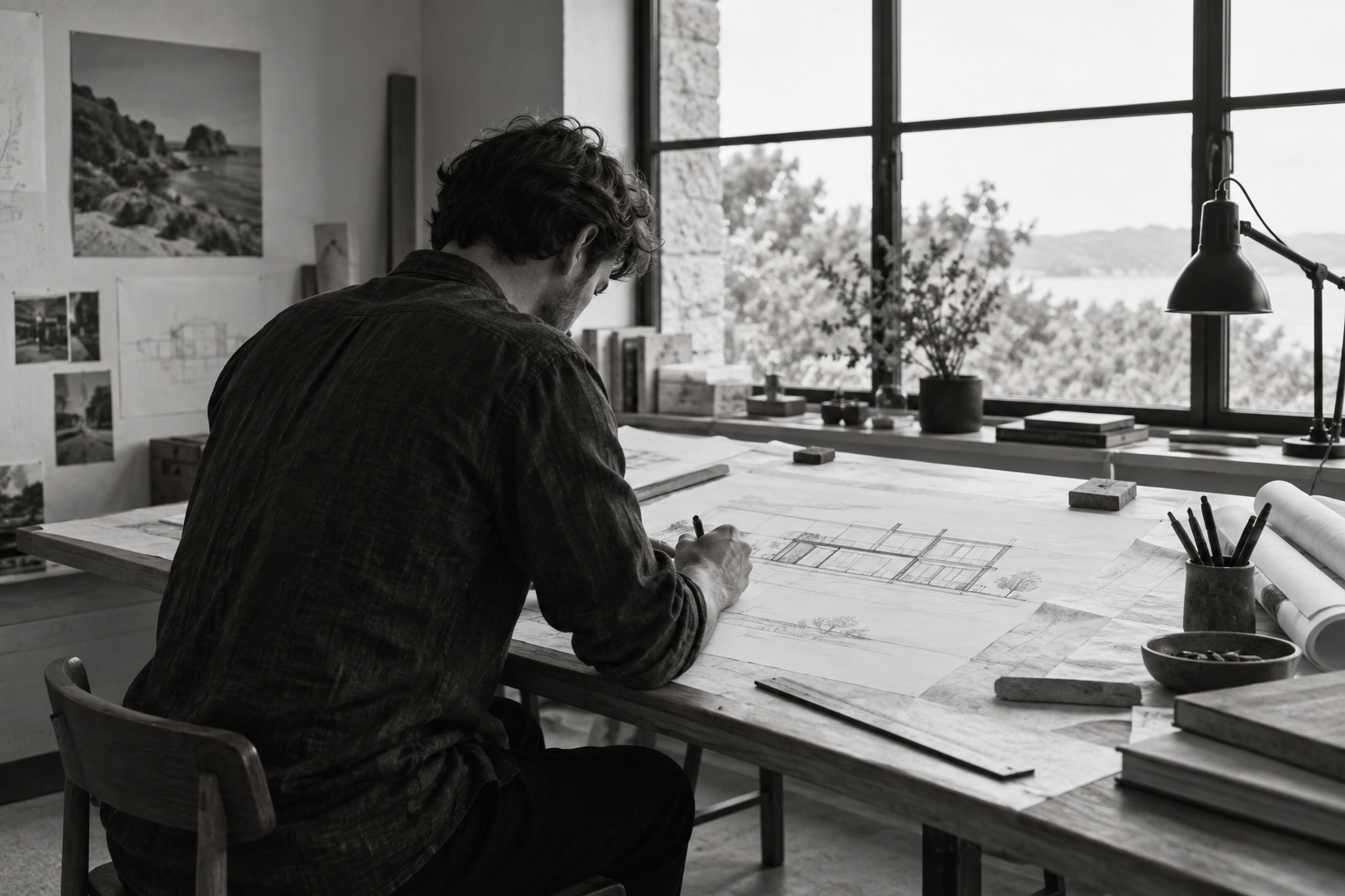 Illustrative anonymous architect working in a studio