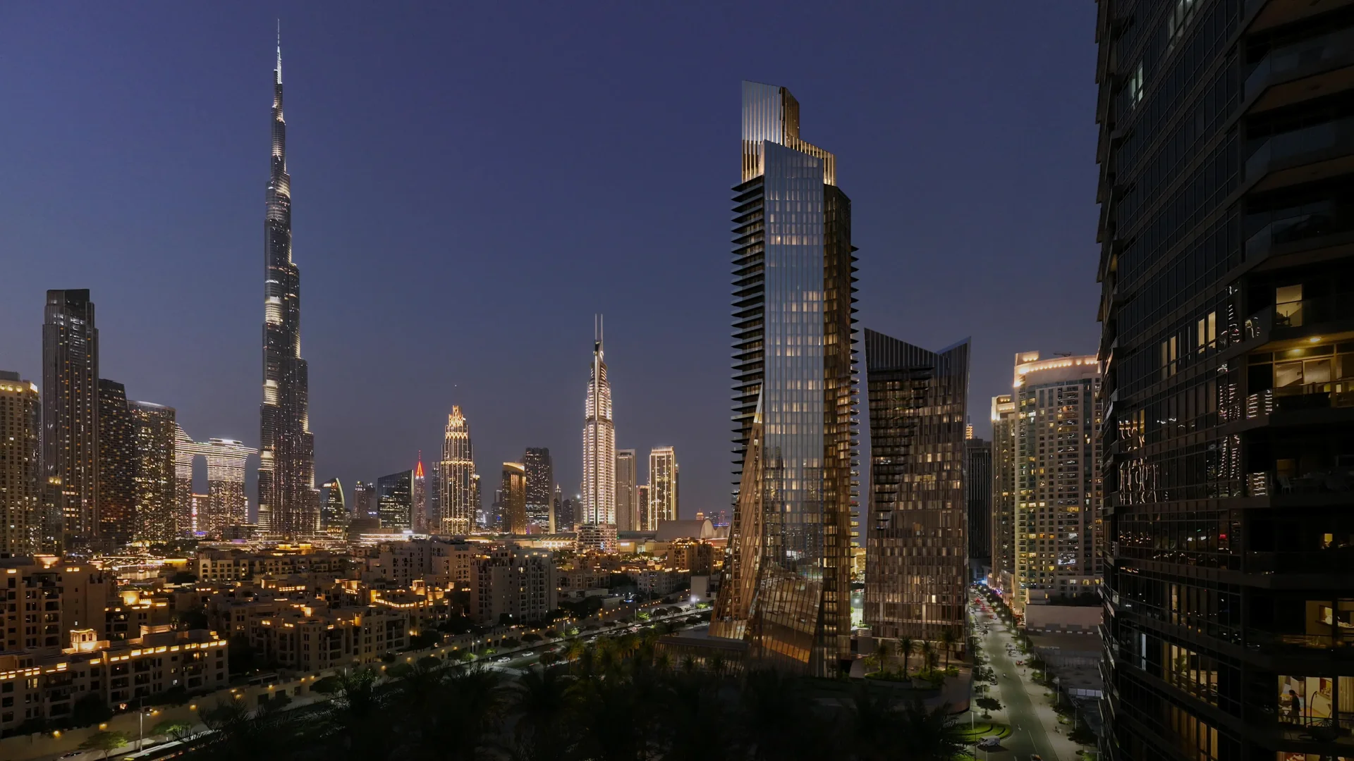 Baccarat Hotel and Residences towers illustrated within the Downtown Dubai skyline