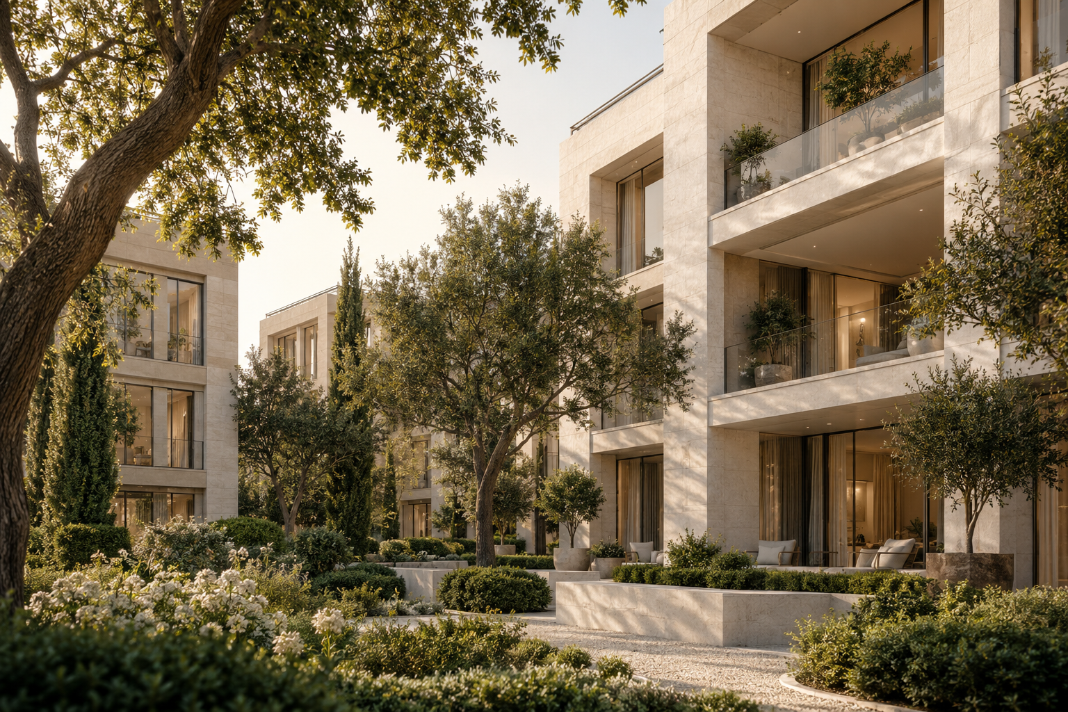 Illustrative garden residences in warm limestone