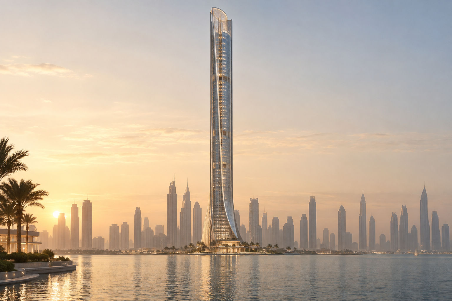 Illustrative slender residential tower by the water